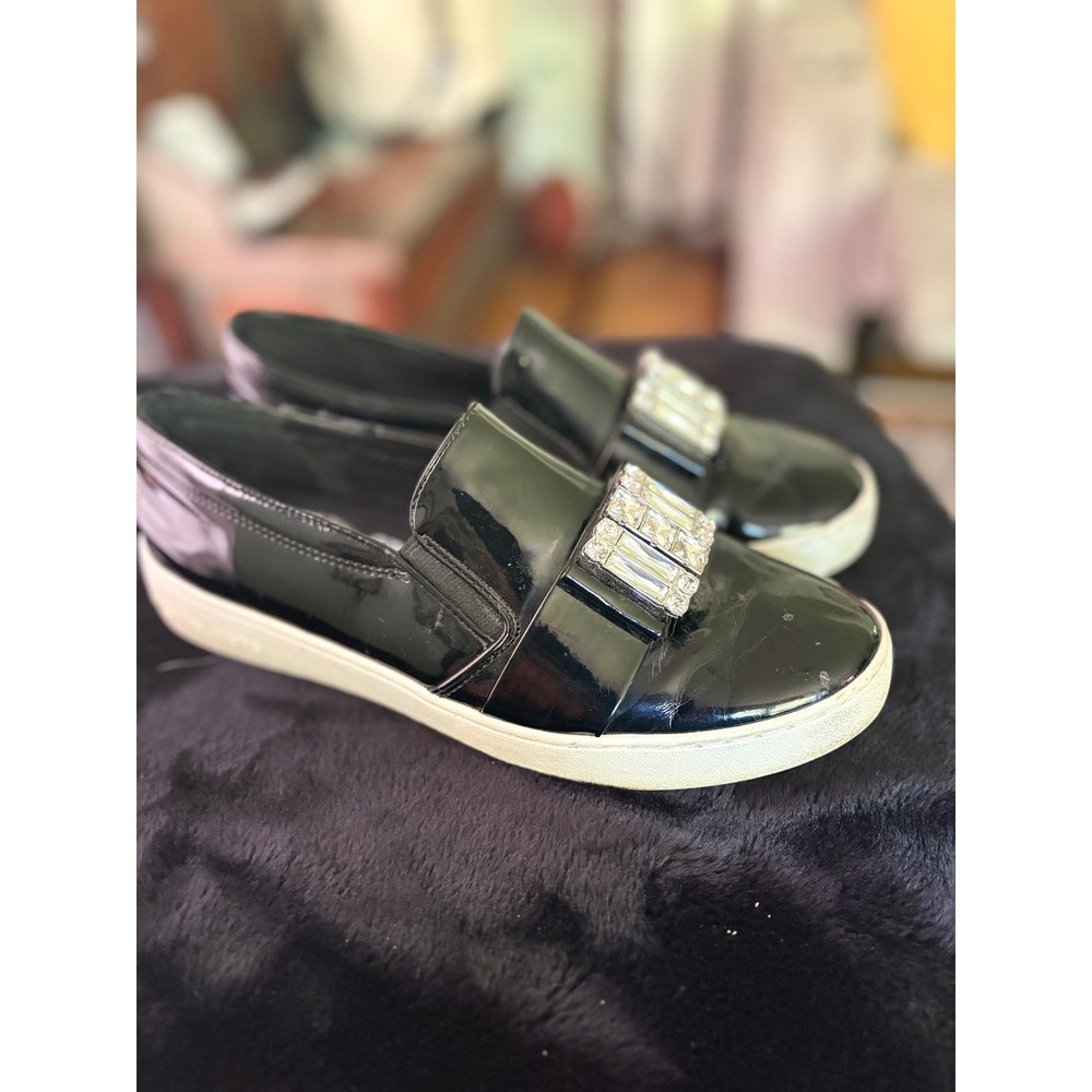 Michael Kors Black Patent Crystal Buckle Slip On Sneakers HL16H Womens 9.5M - Picture 1 of 6